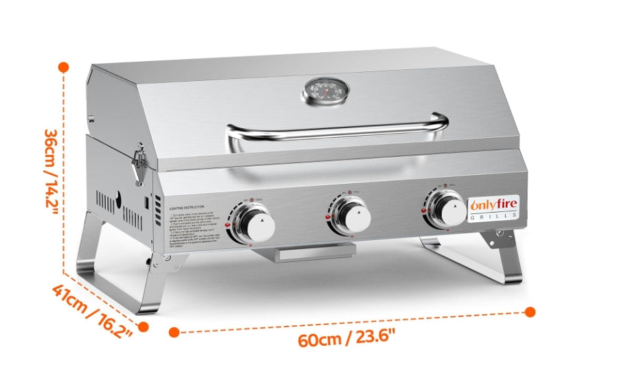 Onlyfire Tabletop Gas Grill 3 Burners, 24"  Propane Grill