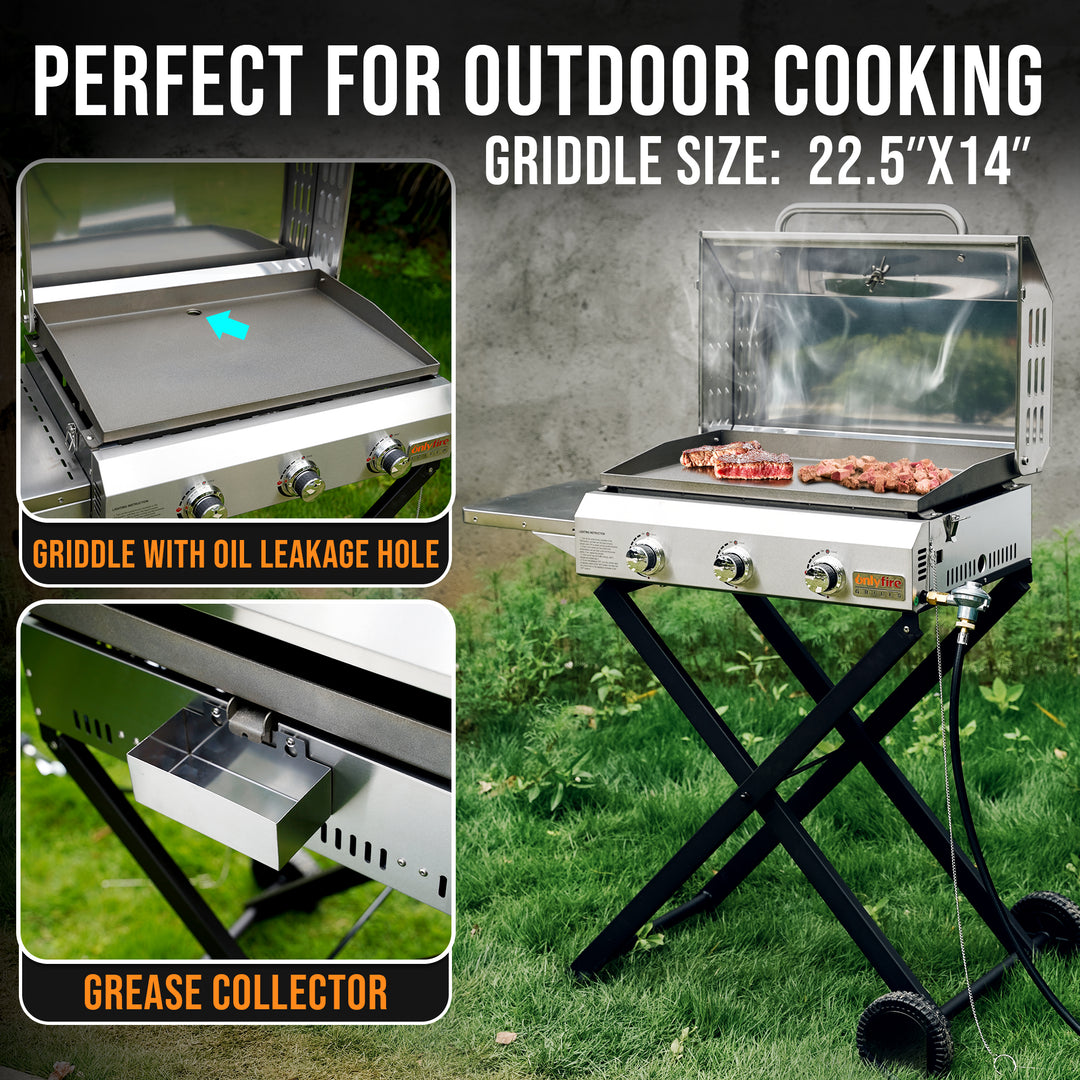Onlyfire Portable BBQ Gas Griddle 3 Burners, Stainless Steel Flat Top Gas  Grill Griddle Stove with Lid, Side Table, Foldable Cart & Wheels for  Outdoor
