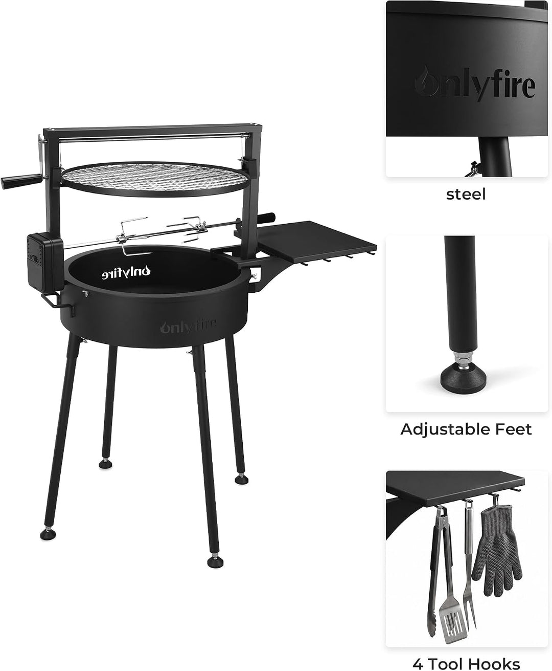 Onlyfire Santa-Maria Style Open Fire Grill with Rotisserie Kit & Side Table