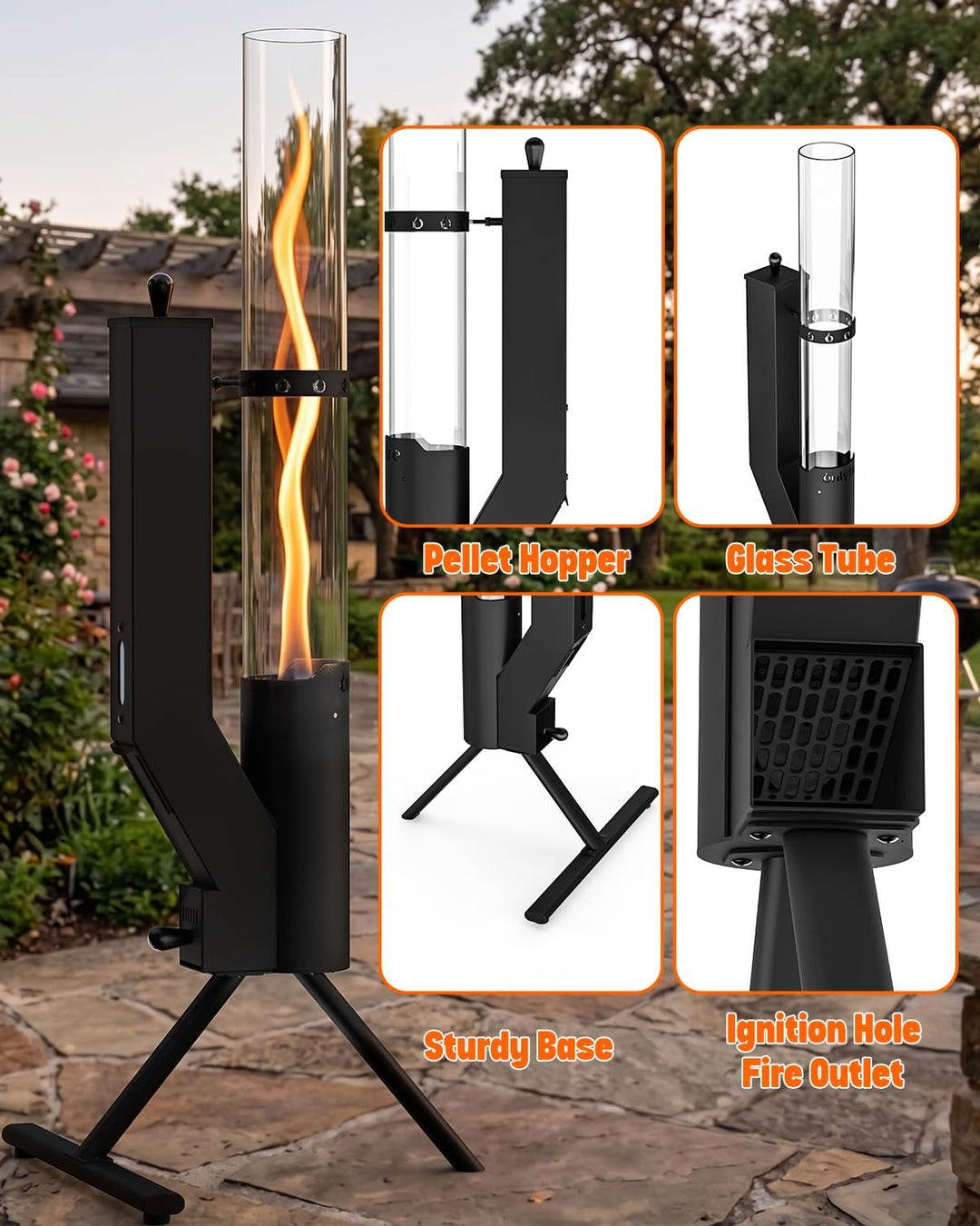 43" Wood Pellet Patio Heater with Glass Flame Tube | Portable Outdoor Fire Pit