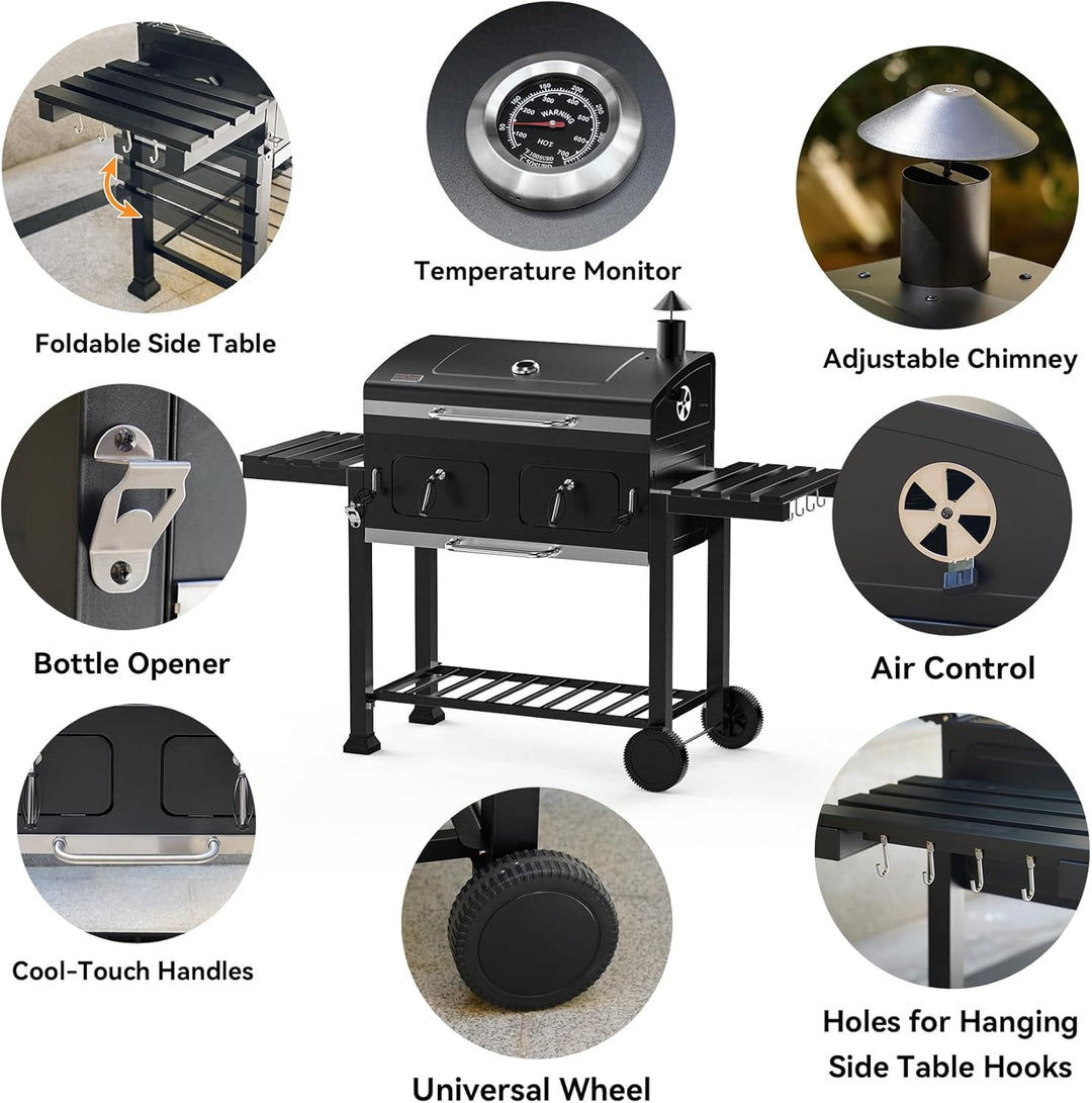 Onlyfire Charcoal BBQ Grill Cart with Dual Charcoal Trays & Foldable Side Tables