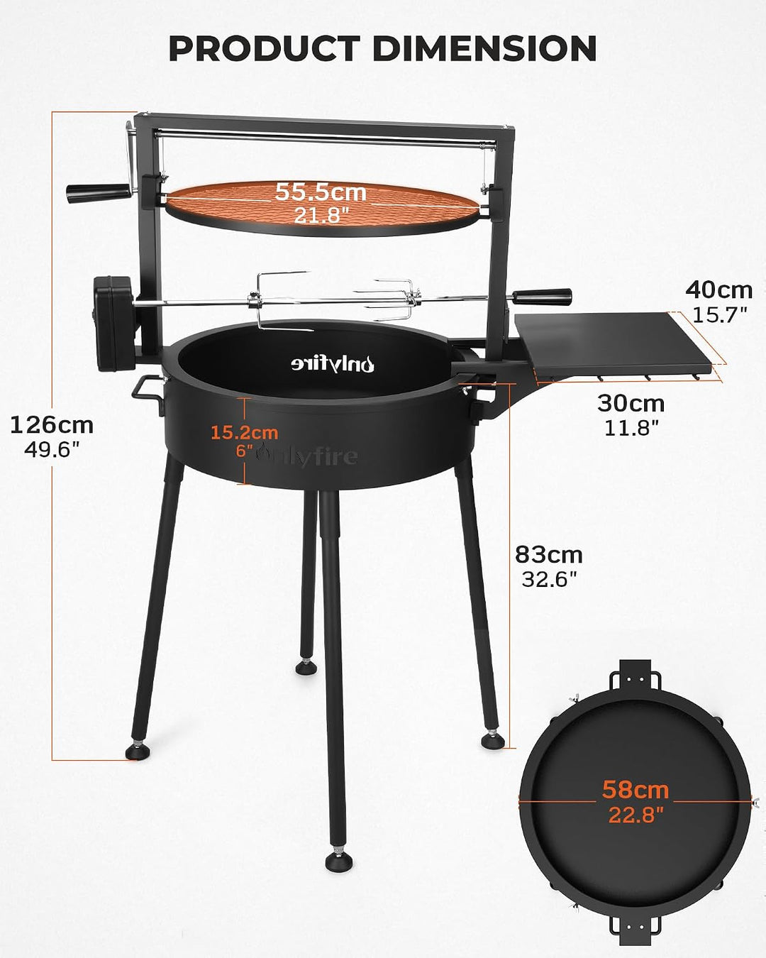 Onlyfire Santa-Maria Style Open Fire Grill with Rotisserie Kit & Side Table