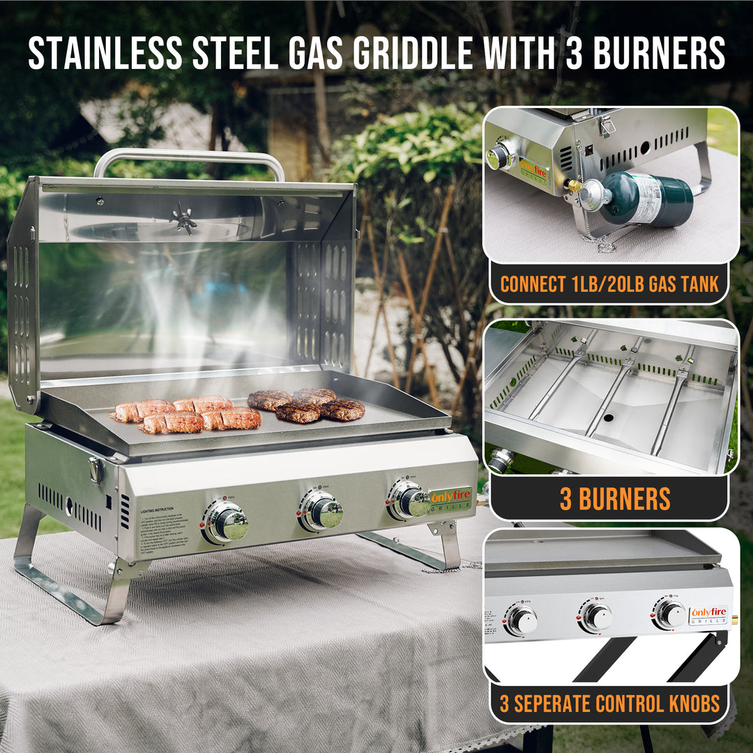 Onlyfire Portable BBQ Gas Griddle 3 Burners, Stainless
