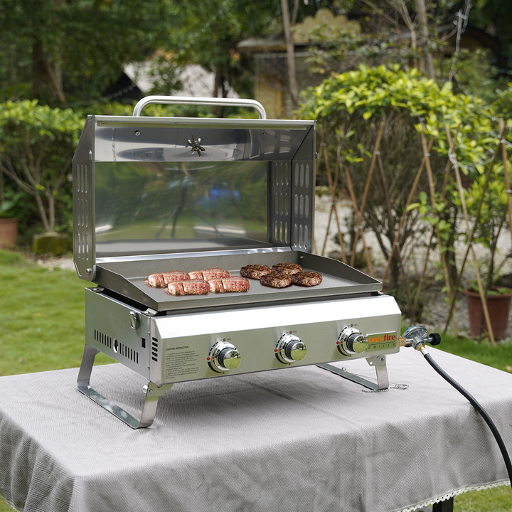Onlyfire Tabletop Griddle with Foldable Legs, Portable 3-Burner Propane Gas