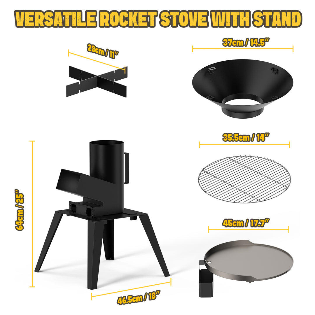 3-in-1 Rocket Stove Kit with Grate, Griddle, Pot Rack