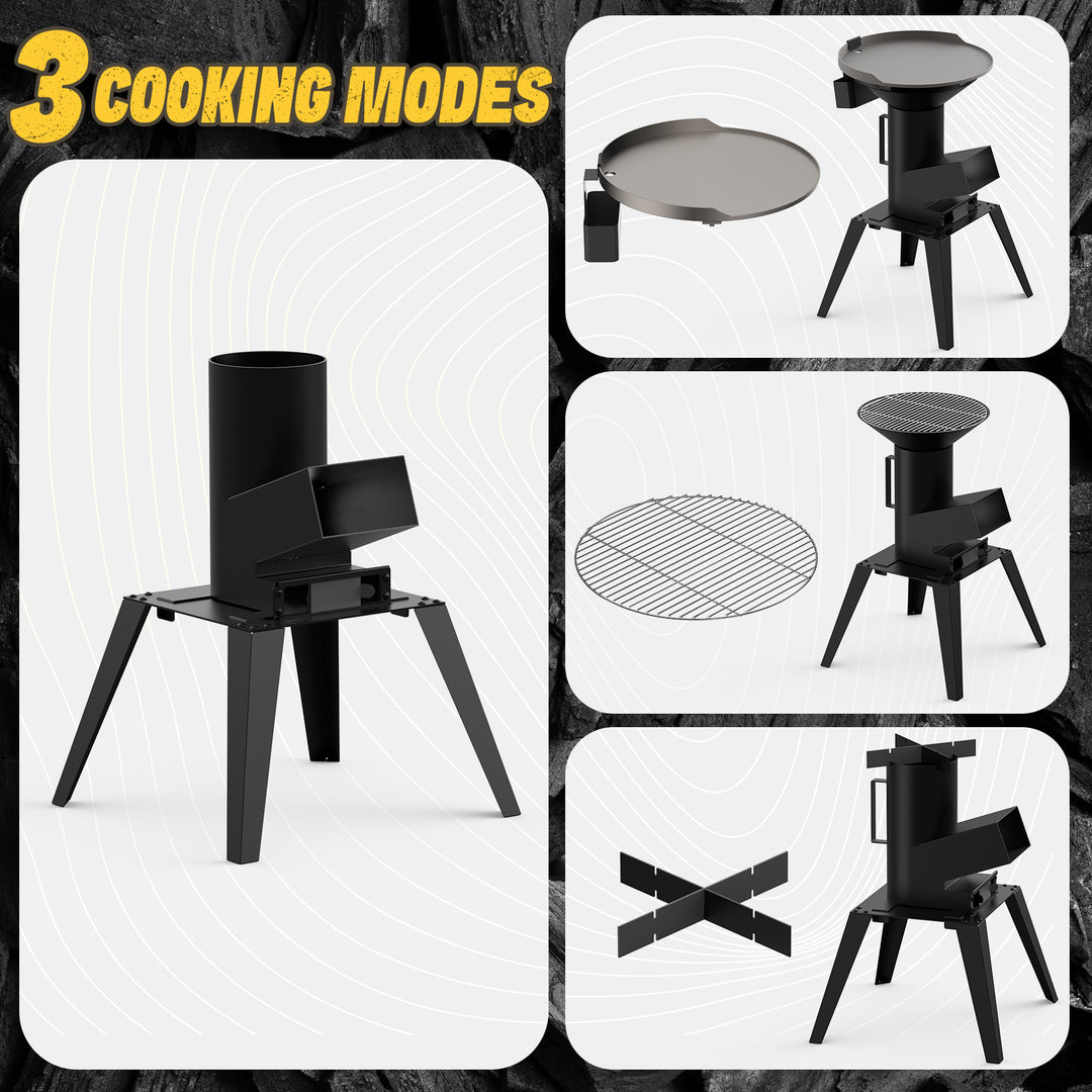 3-in-1 Camp Rocket Stove Kit with BBQ Grate, Griddle, Pot Rack, Portable Wood Burning Stove