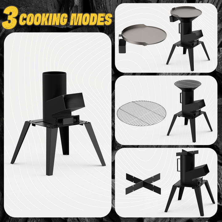 3-in-1 Camp Rocket Stove Kit with BBQ Grate, Griddle, Pot Rack, Portable Wood Burning Stove