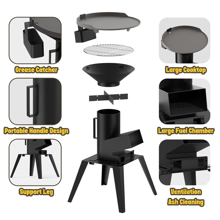 3-in-1 Camp Rocket Stove Kit with BBQ Grate, Griddle, Pot Rack, Portable Wood Burning Stove