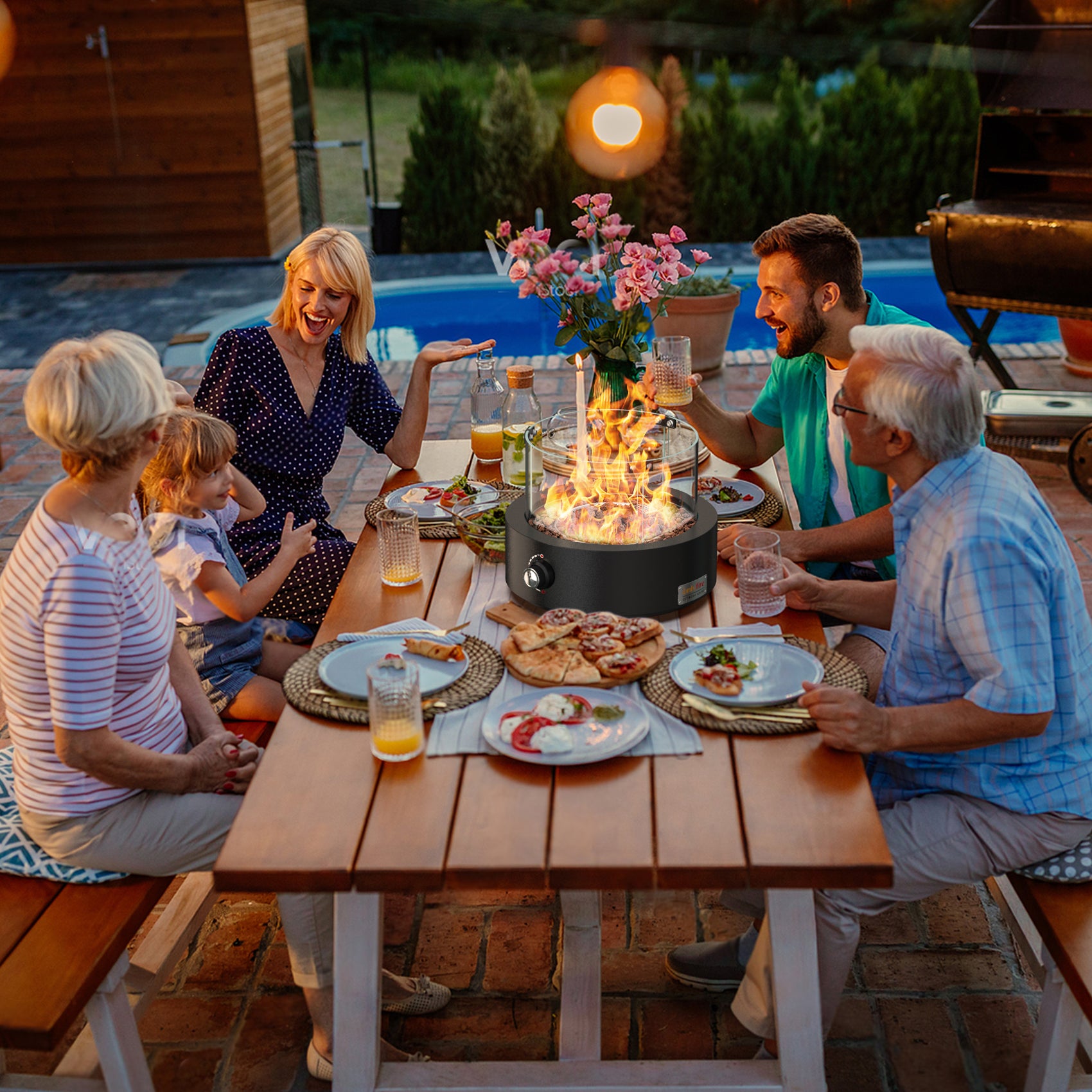 Onlyfire- Tabletop Gas Fire Pit with Glass Wind Guard and Lava