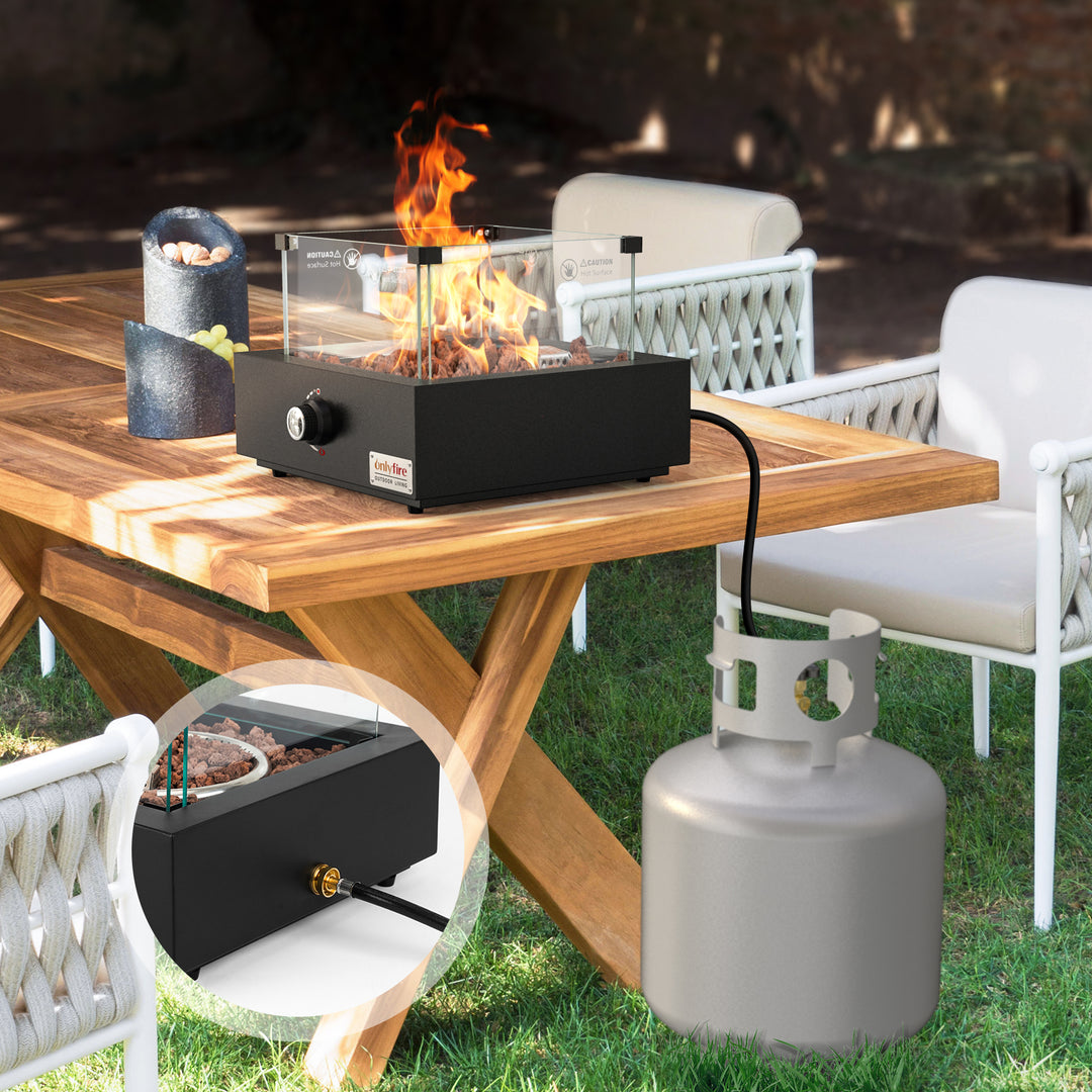 Onlyfire Tabletop Gas Fire Pit with Glass Wind Guard and Lava Rocks