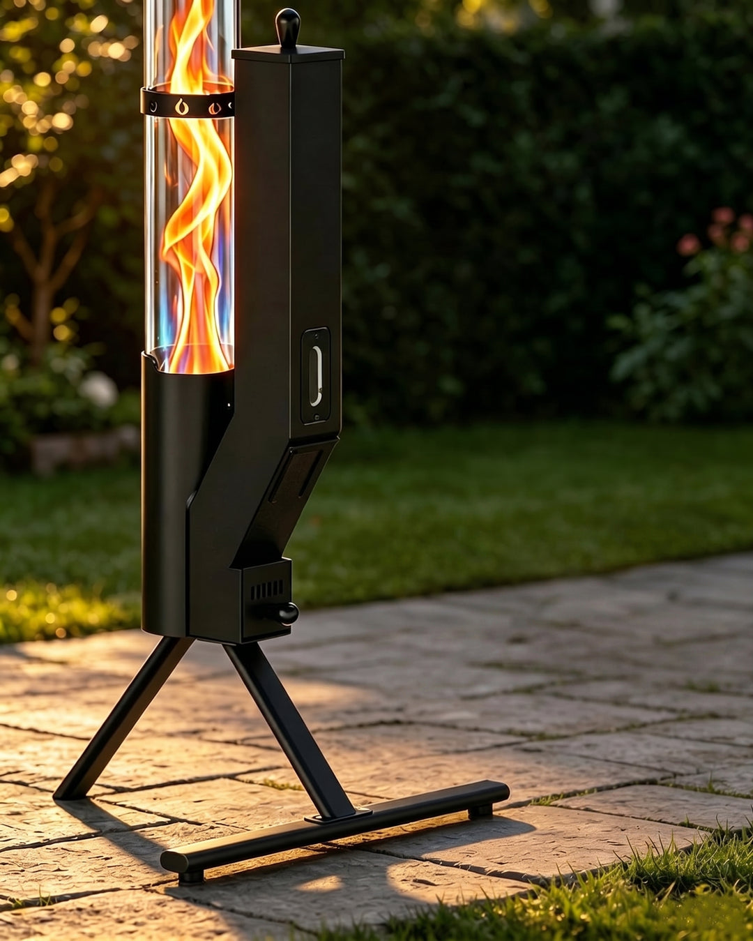 43" Wood Pellet Patio Heater with Glass Flame Tube | Portable Outdoor Fire Pit