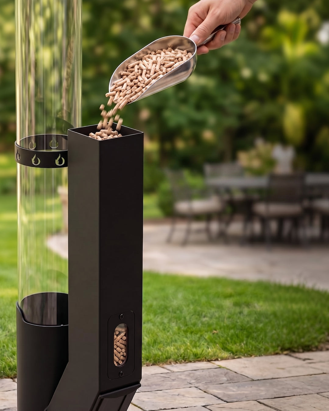 43" Wood Pellet Patio Heater with Glass Flame Tube | Portable Outdoor Fire Pit
